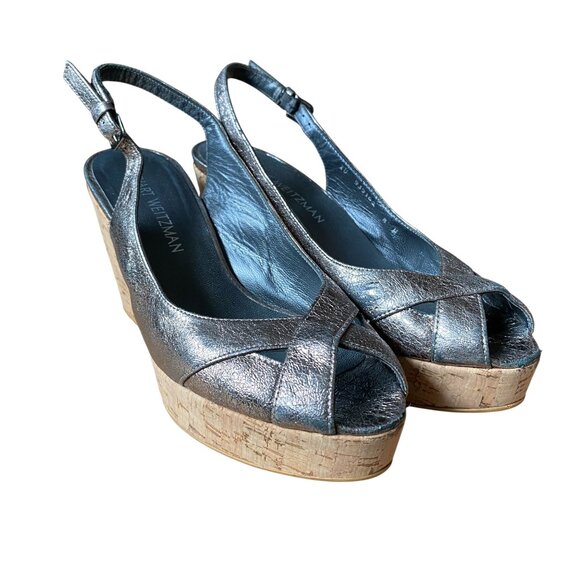 Stuart Weitzman - Silver Gray Metallic Slingback Cork Wedges Peep Toe - Size 8 - Picture 1 of 8